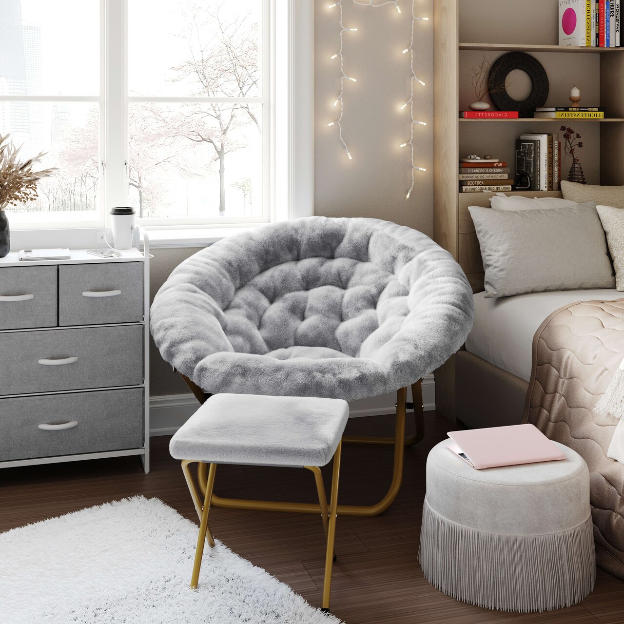 Emma and Oliver Ersa Oversize Folding Saucer Moon Chair and Ottoman for Dorm and Bedroom with Steel Frames